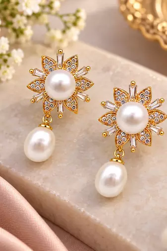 Certified natural freshwater pearls jewellery pearl drop earrings with cz floral stud, gold tone