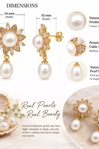 Certified natural freshwater pearls jewellery pearl drop earrings with cz floral stud, gold tone
