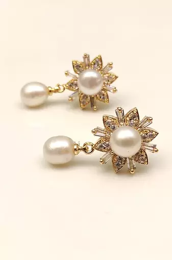 Certified natural freshwater pearls jewellery pearl drop earrings with cz floral stud, gold tone