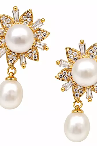 Certified natural freshwater pearls jewellery pearl drop earrings with cz floral stud, gold tone