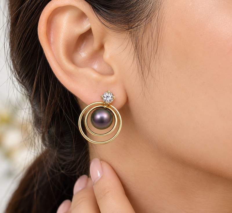 Certified natural freshwater pearls jewellery black freshwater pearl stud earrings with gold multi-circle frame