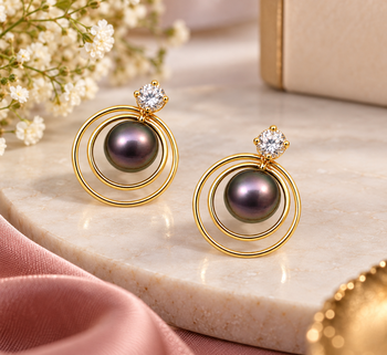 Certified natural freshwater pearls jewellery black freshwater pearl stud earrings with gold multi-circle frame 2