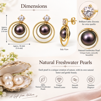Certified natural freshwater pearls jewellery black freshwater pearl stud earrings with gold multi-circle frame 3