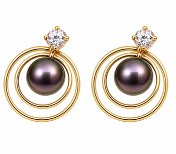 Certified natural freshwater pearls jewellery black freshwater pearl stud earrings with gold multi-circle frame 5