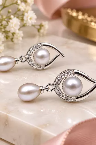 Certified natural freshwater pearls jewellery freshwater pearl drop earrings with crystal studded silver frame