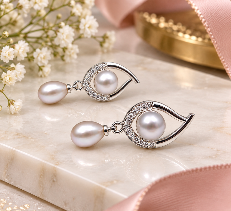 Certified natural freshwater pearls jewellery freshwater pearl drop earrings with crystal studded silver frame