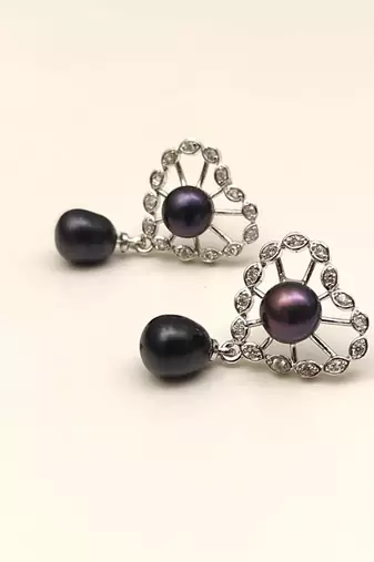 Certified natural freshwater pearls jewellery black pearl drop earrings with crystal halo, silver tone