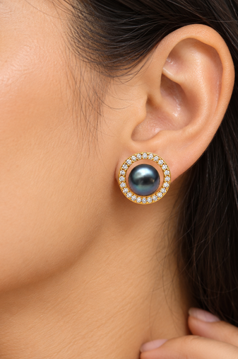 Certified natural freshwater pearls jewellery black pearl stud earrings with gold-tone cz halo for women