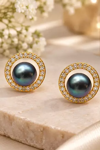 Certified natural freshwater pearls jewellery black pearl stud earrings with gold-tone cz halo for women