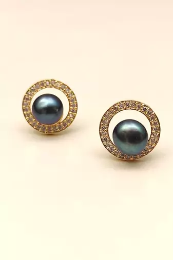 Certified natural freshwater pearls jewellery black pearl stud earrings with gold-tone cz halo for women