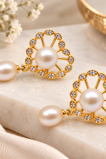 Certified natural freshwater pearls jewellery freshwater pearl drop earrings with gold-tone cz floral frame
