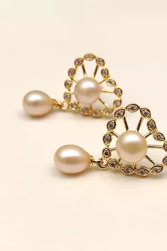 Certified natural freshwater pearls jewellery freshwater pearl drop earrings with gold-tone cz floral frame