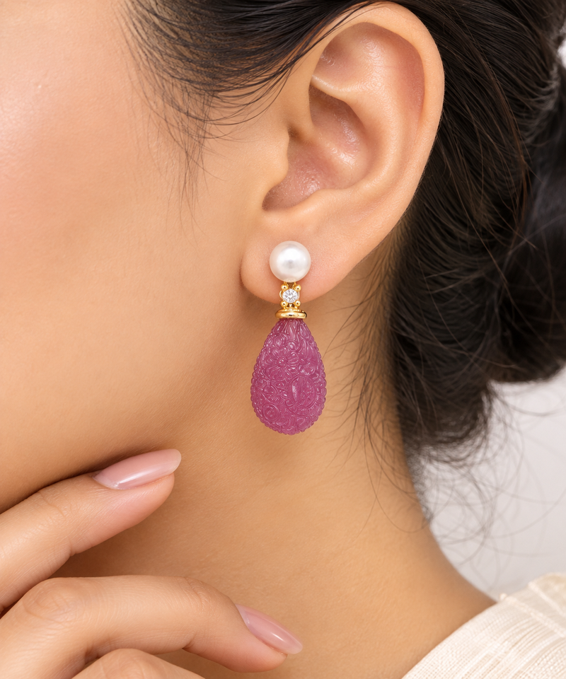 Certified natural freshwater pearls jewellery carved pink drop earrings with pearl top and crystal accent