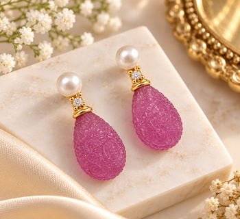 Certified natural freshwater pearls jewellery carved pink drop earrings with pearl top and crystal accent 2
