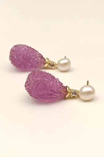 Certified natural freshwater pearls jewellery carved pink drop earrings with pearl top and crystal accent