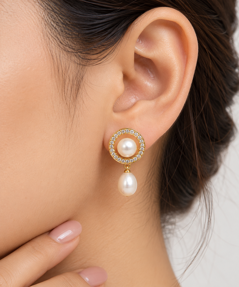 Certified natural freshwater pearls jewellery pearl drop earrings with cz halo, gold-tone, natural pearl