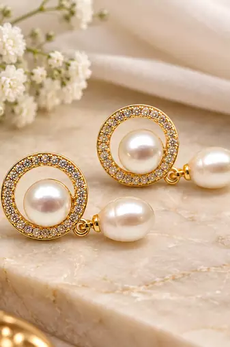 Certified natural freshwater pearls jewellery pearl drop earrings with cz halo, gold-tone, natural pearl