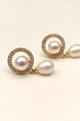Certified natural freshwater pearls jewellery pearl drop earrings with cz halo, gold-tone, natural pearl