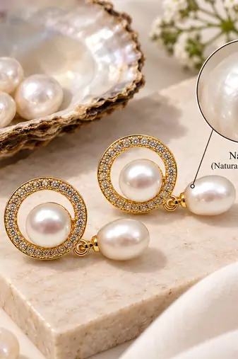 Certified natural freshwater pearls jewellery pearl drop earrings with cz halo, gold-tone, natural pearl