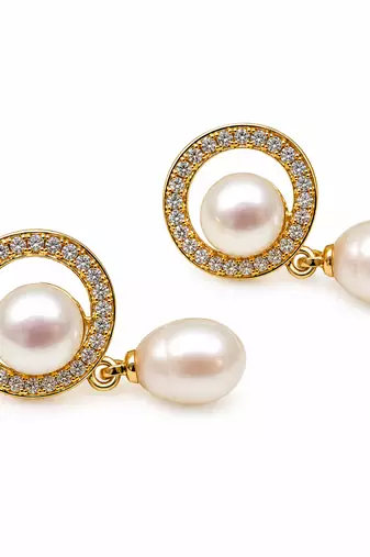 Certified natural freshwater pearls jewellery pearl drop earrings with cz halo, gold-tone, natural pearl