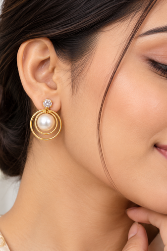 Certified natural freshwater pearls jewellery pearl drop earrings with cz stud and gold-tone multi-hoop