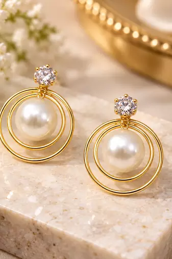 Certified natural freshwater pearls jewellery pearl drop earrings with cz stud and gold-tone multi-hoop