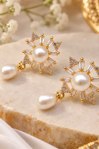 Certified natural freshwater pearls jewellery pearl drop earrings with cz snowflake stud, gold tone