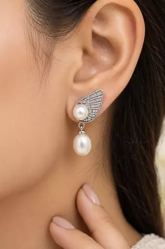 Certified natural freshwater pearls jewellery pearl drop earrings with angel wing cz stud, silver tone