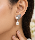 Certified natural freshwater pearls jewellery pearl drop earrings with angel wing cz stud, silver tone