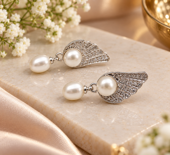 Certified natural freshwater pearls jewellery pearl drop earrings with angel wing cz stud, silver tone 2