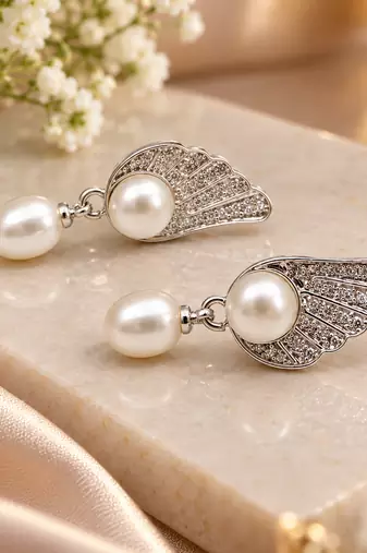 Certified natural freshwater pearls jewellery pearl drop earrings with angel wing cz stud, silver tone