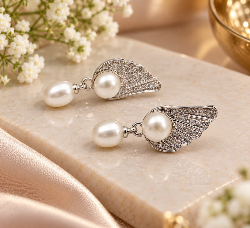 Certified natural freshwater pearls jewellery pearl drop earrings with angel wing cz stud, silver tone