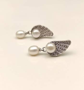 Certified natural freshwater pearls jewellery pearl drop earrings with angel wing cz stud, silver tone 3