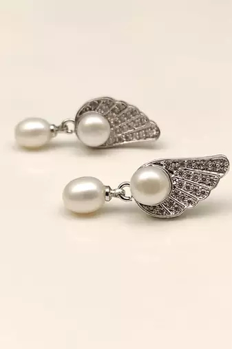Certified natural freshwater pearls jewellery pearl drop earrings with angel wing cz stud, silver tone