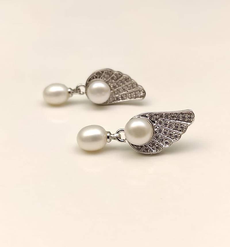 Certified natural freshwater pearls jewellery pearl drop earrings with angel wing cz stud, silver tone