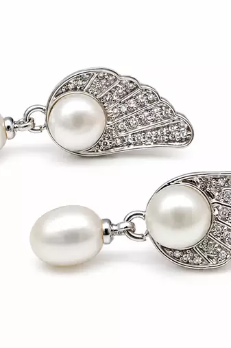 Certified natural freshwater pearls jewellery pearl drop earrings with angel wing cz stud, silver tone
