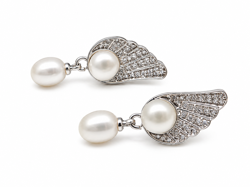 Certified natural freshwater pearls jewellery pearl drop earrings with angel wing cz stud, silver tone
