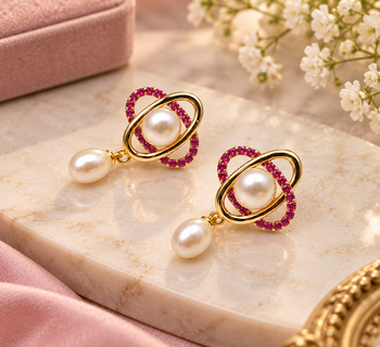 Certified natural freshwater pearls jewellery freshwater pearl drop earrings with ruby zirconia gold orbit 1