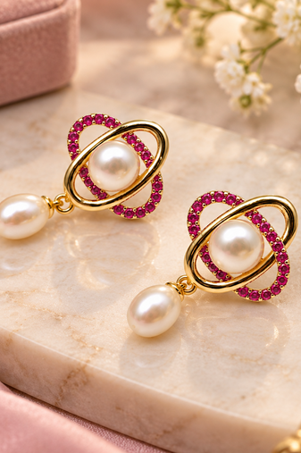 Certified natural freshwater pearls jewellery freshwater pearl drop earrings with ruby zirconia gold orbit