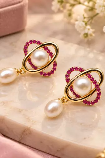 Certified natural freshwater pearls jewellery freshwater pearl drop earrings with ruby zirconia gold orbit