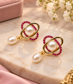 Certified natural freshwater pearls jewellery freshwater pearl drop earrings with ruby zirconia gold orbit