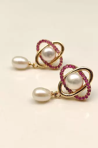 Certified natural freshwater pearls jewellery freshwater pearl drop earrings with ruby zirconia gold orbit
