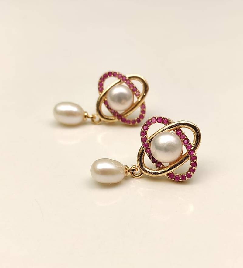Certified natural freshwater pearls jewellery freshwater pearl drop earrings with ruby zirconia gold orbit