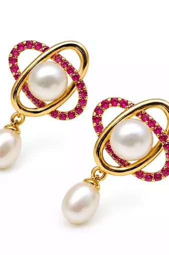 Certified natural freshwater pearls jewellery freshwater pearl drop earrings with ruby zirconia gold orbit