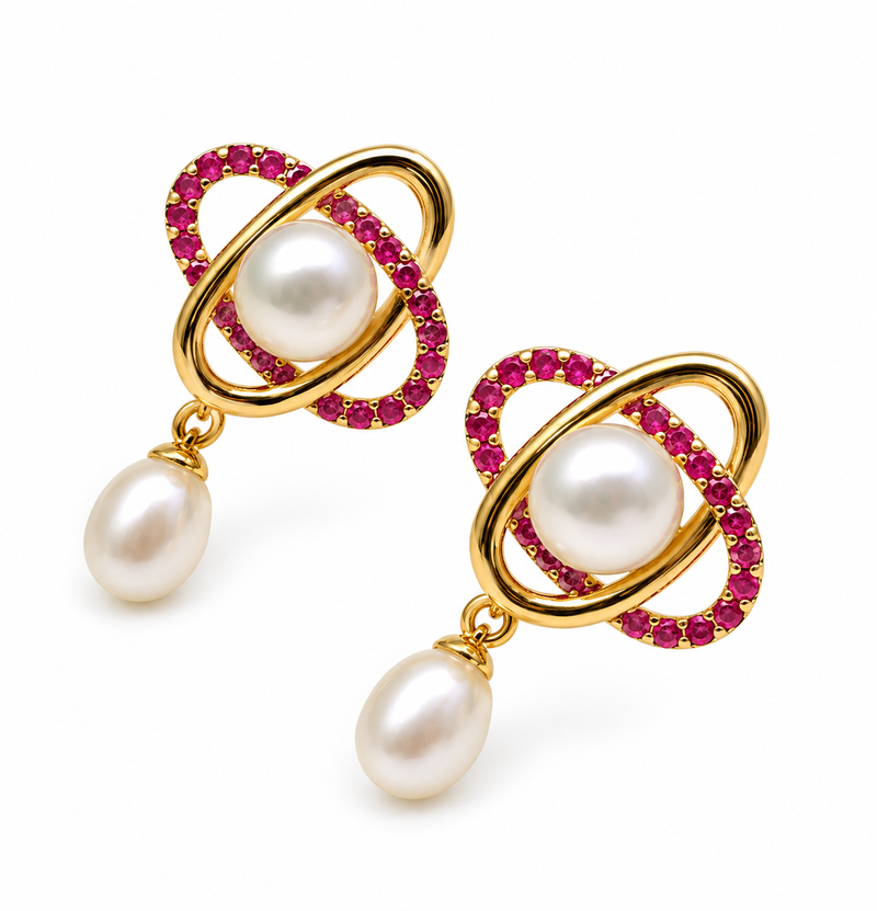 Certified natural freshwater pearls jewellery freshwater pearl drop earrings with ruby zirconia gold orbit