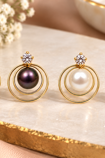 Certified natural freshwater pearls jewellery pearl & crystal stud earrings with gold double hoop frame