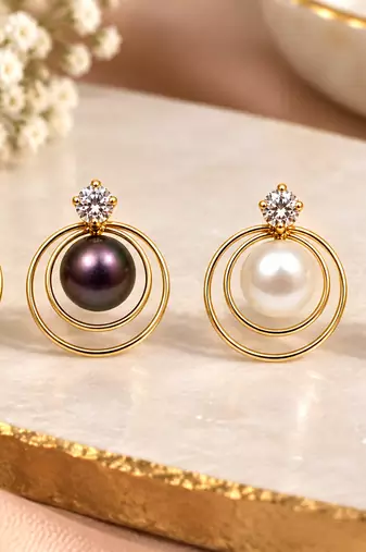 Certified natural freshwater pearls jewellery pearl & crystal stud earrings with gold double hoop frame