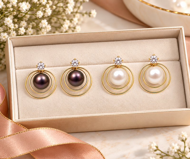 Certified natural freshwater pearls jewellery pearl & crystal stud earrings with gold double hoop frame