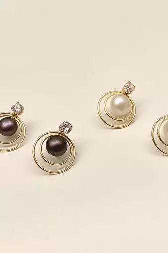 Certified natural freshwater pearls jewellery pearl & crystal stud earrings with gold double hoop frame