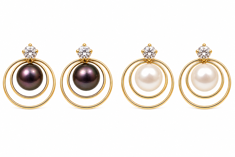 Certified natural freshwater pearls jewellery pearl & crystal stud earrings with gold double hoop frame